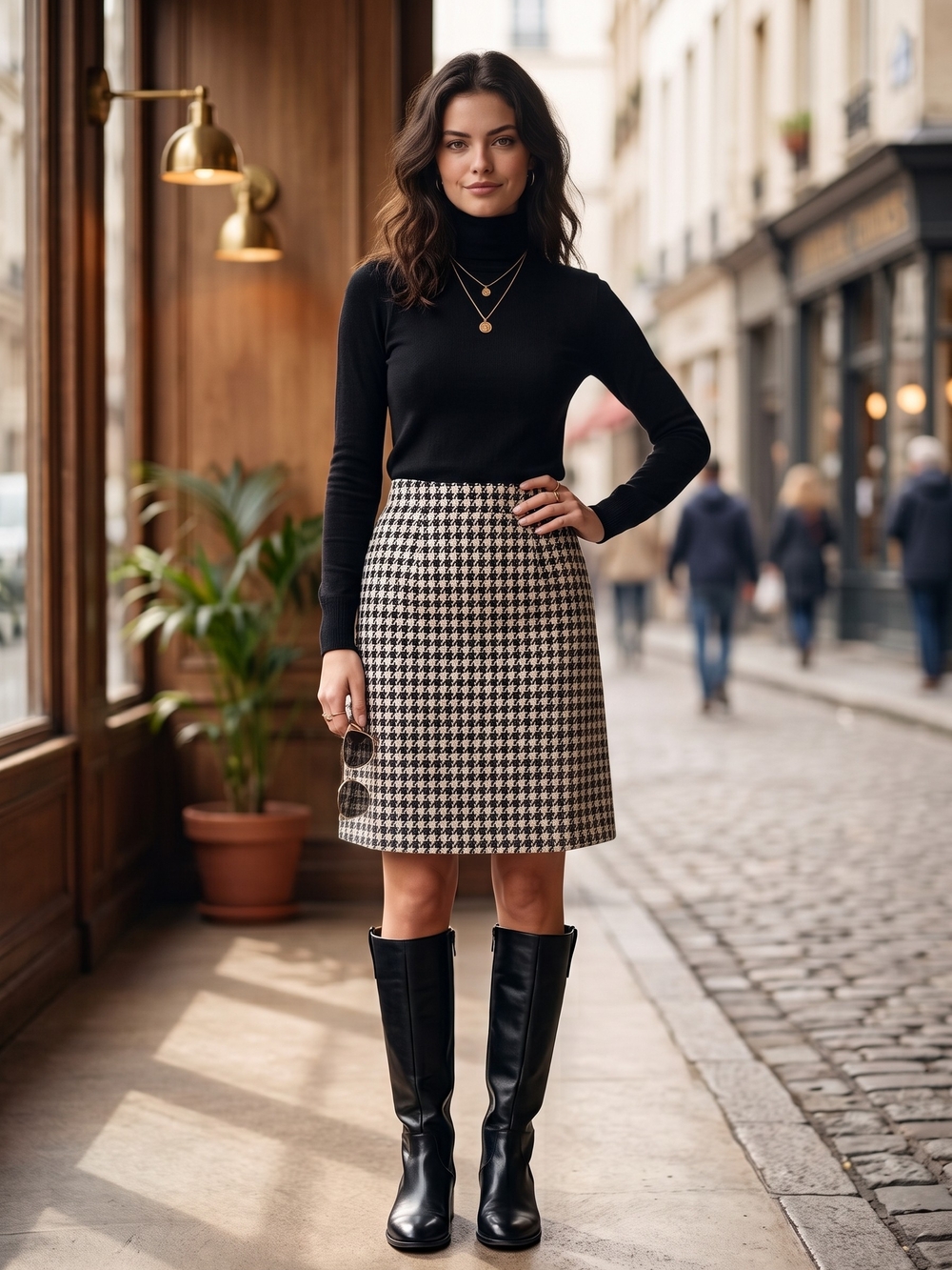 JACOB Tweed Houndstooth Wool Blend A-Line Skirt Dark Academia Quiet Luxury